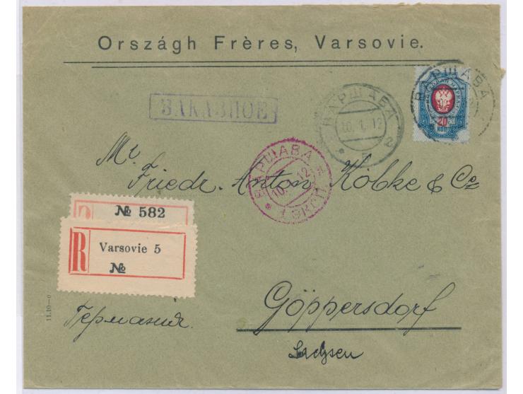 Russland 20 Kop. auf &nbsp;Einschreibbrief &nbsp;mit Stempel &nbsp;Warschau 5 &nbsp;10.1.12 nach Deutschland, russischer 3-Ze