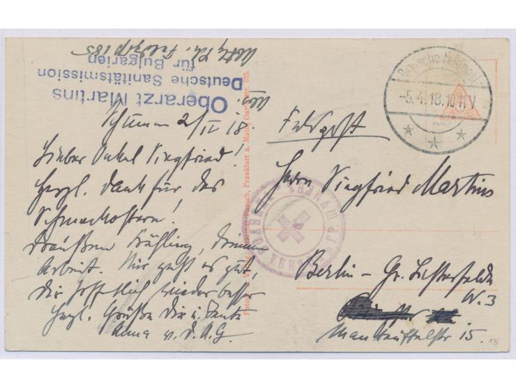 Tarnstempel Deutsche Feldpost 5.4.18 auf Ansichtskarte aus Schumen nach Berlin, Absenderstempel "Oberarzt Martins,  Deutsche 
