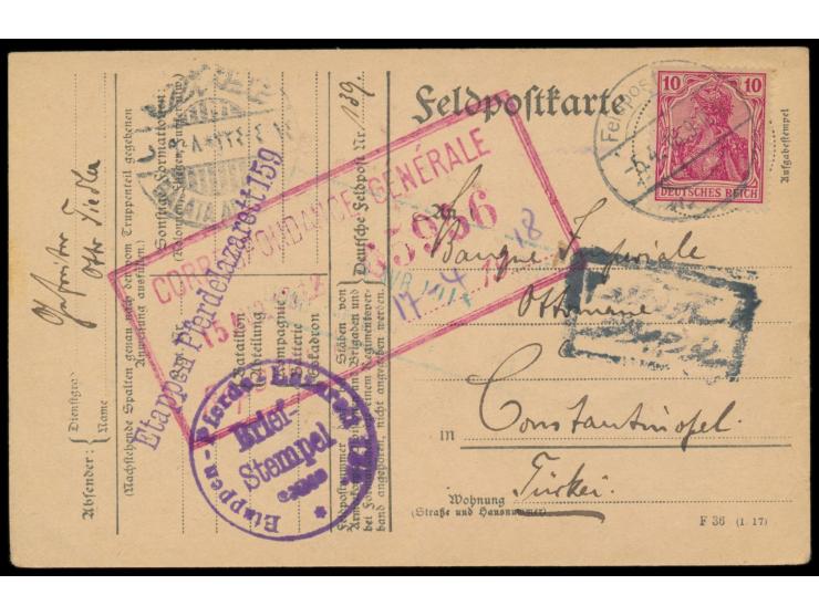 10 Pf. mit aptiertem Stempel &nbsp;Feldpost ... &nbsp;5.4.18 auf Feldpostkarte nach Constantinopel, zwei verschiedene Briefst