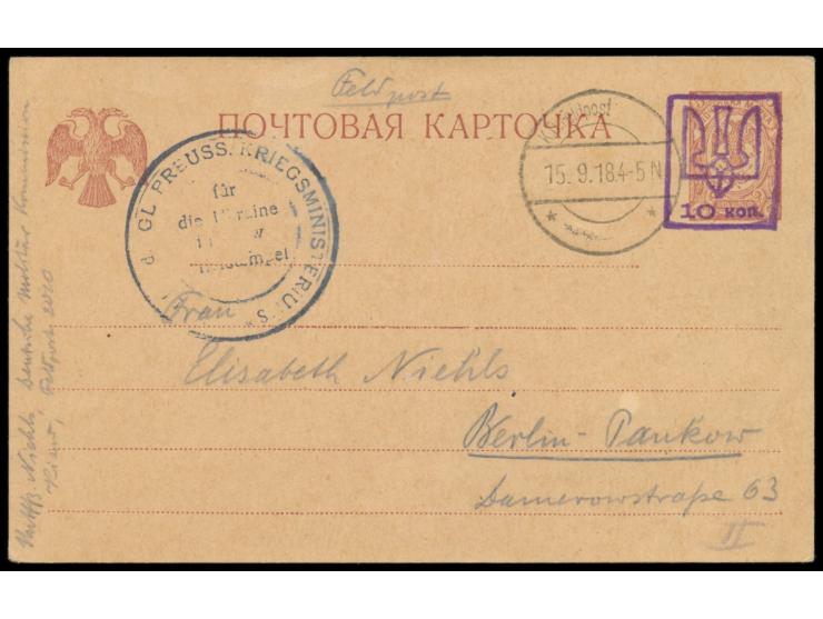 Ukraine,  aptierter Stempel  K. D. Feldpost ...  15.9.18 und Briefstempel ... Kgl. Preuss. Kriegsministeriums für die Ukraine