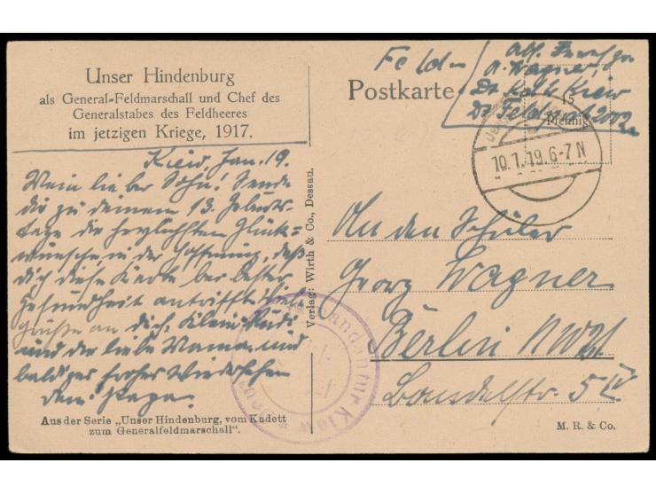 Ukraine, Feldpostkarte mit aptiertem Stempel Deutsche Feldpost 10.1.19 nach Berlin, Briefstempel Deutsche Kommandantur Kiew, 