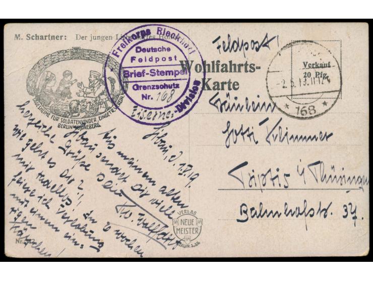 Stempel  Deutsche Feldpost 168  2.5.19 (im oberen Teil undeutlich abgeschlagen) und großer Briefstempel  Freikorps Rieckhoff 