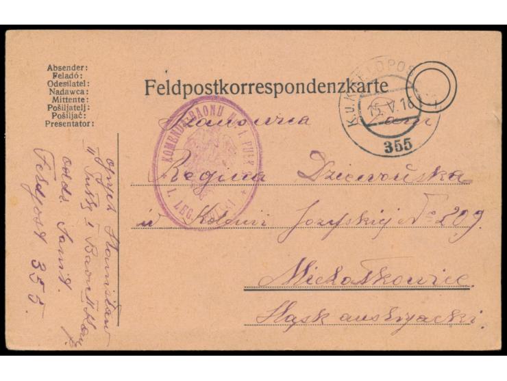 Polnische Legion,  Stempel  K. u. k. Feldpostamt 355  15.5.16 und Briefstempel "Komenda Baonu Nr. 1 Pulk 2 / I. Leg. Polski" 
