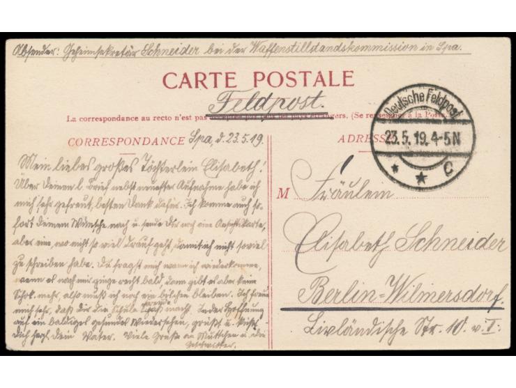 Tarnstempel  Deutsche Feldpost C  23.5.19 auf Ansichtskarte  Spa  nach Berlin, vorderseitig Absender "Geheimsekretär Schneide