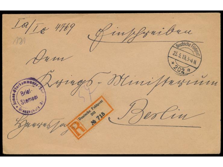 Grenzschutz Ost,  Stempel  Deutsche Feldpost 202 a  23.5.19 (Standort Breslau) auf Dienst-Einschreibbrief an das Kriegsminist