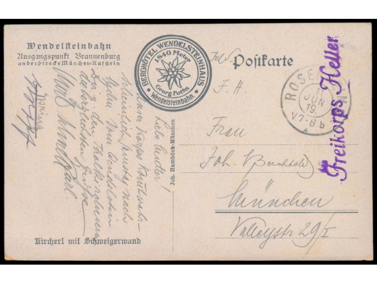 Feldpostkarte mit Stempel  Rosenheim  11.6.19 und L1  Freikorps Heller  nach München, Einsatz zur Beseitigung der Münchner Rä