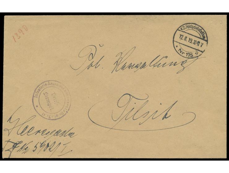 Grenzschutz Ost,  Stempel  K. D. Feldpoststation Nr. 175 a  12.8.19 (Standort Tilsit) auf Dienstbrief "Heeressache" nach Tils