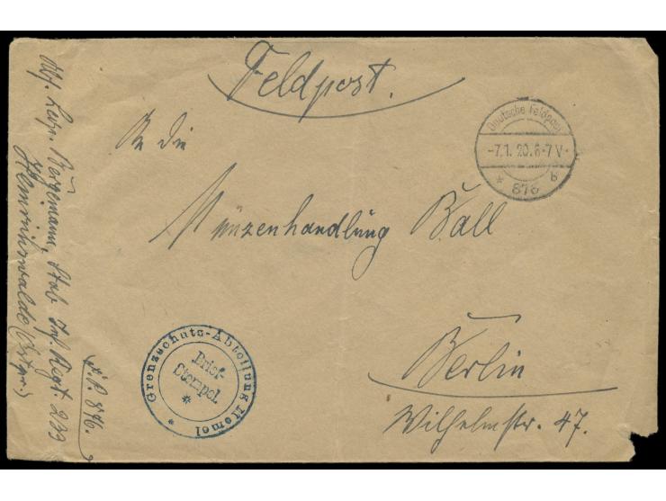 Grenzschutz Ost,  Stempel  Deutsche Feldpost 876 b  7.1.20 und Briefstempel  Grenzschutz-Abteilung Memel  auf Feldpostbrief m