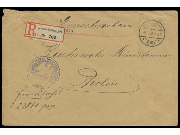 Grenzschutz Ost, &nbsp;Stempel &nbsp;Deutsche Feldpost 3054 &nbsp;9.1.20 (Feldpostamt für die Reichswehrbrigade von Dassel in