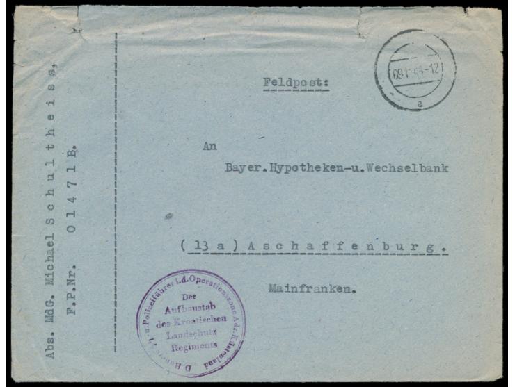 Feldpostbrief mit stummem Stempel mit UB a 9.1.44 von  Udine  nach Aschaffenburg, Absender ... FPNr. 01471 B und Briefstempel