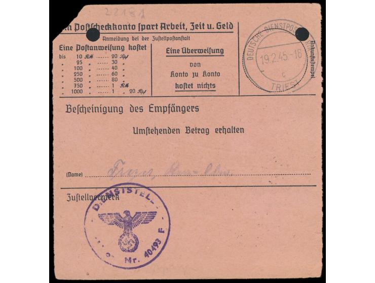 Einzelfrankatur 40 Pf. Hitler auf  Postanweisung  auf 68 RM mit Stempel  Zeitz 1  30.1.45 an einen Soldaten mit Feldpostnumme