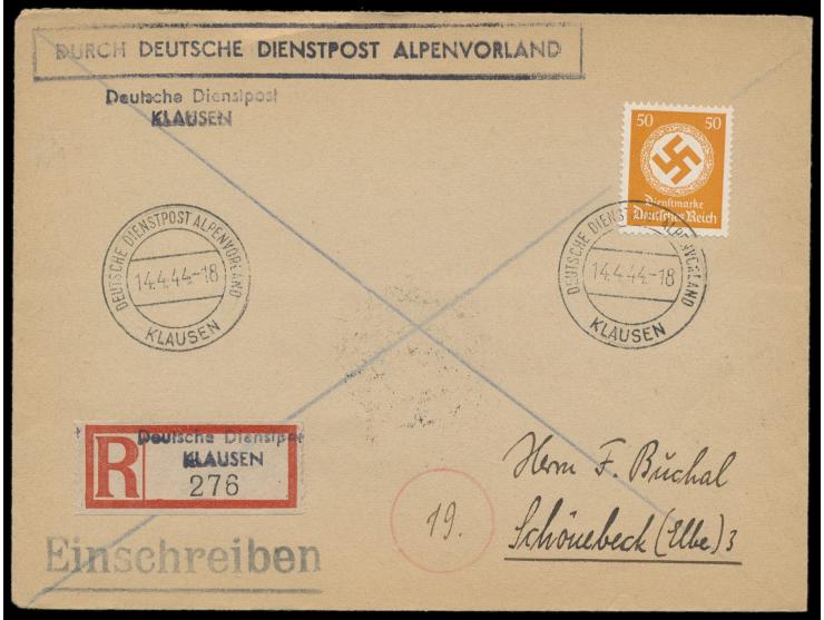 Stempel DDP Alpenvorland  Klausen  4.4.44 auf Einschreibbrief mit Einzelfrankatur  Dienstmarke  50 Pf. nach Schönebeck, Leits