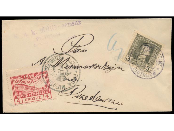 Stadtpost Przedborz &nbsp;4 Gr. (Fischer Nr. 8 B) als Zustellgebühr auf Drucksache aus Piotrkow, entwertet mit Siegelstempel 