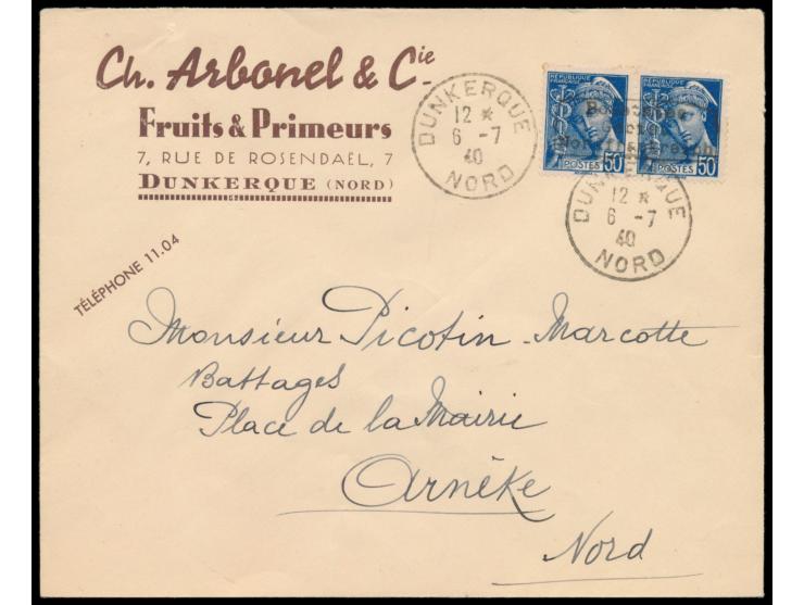Dünkirchen,  Paar 50 C. Merkur mit Aufdruck  "Besetztes Gebiet Nordfrankreich"  (Type I) auf Firmenbrief mit Stempel  Dunkerq