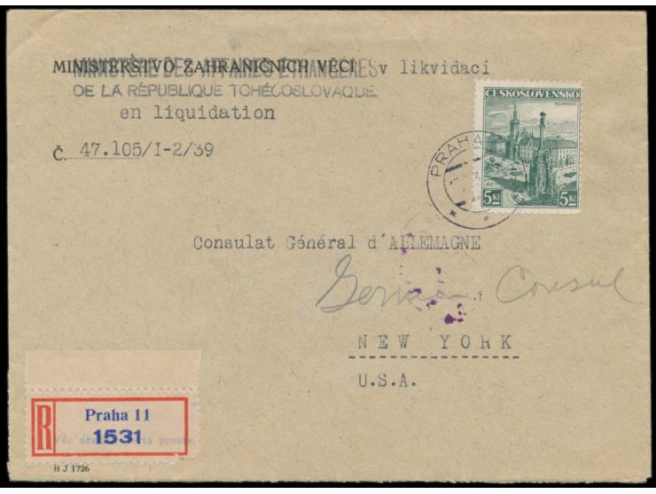 Einzelfrankatur Tschechoslowakei 5 Kc. &quot;Olomouc&quot; auf &nbsp;Einschreibbrief &nbsp;mit Stempel &nbsp;Praha 11 &nbsp;1