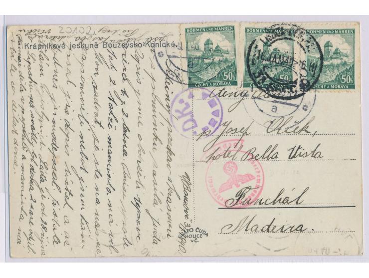 3 x 50 H. Karlstein auf Auslandskarte 9.1.40  nach Funchal / Madeira , Zensurstempel  D.K. Praha 7  und Zensurstempel der Prü