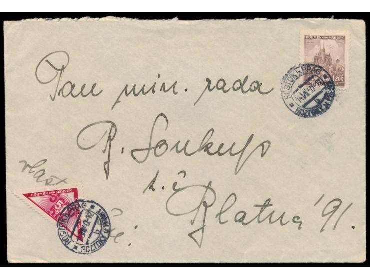 Brief mit 1,20 K. Brünn und  Portomarke für eigenhändige Zustellung  50 h., Stempel Rostok b. Prag 14.8.40
Stichwort: Nachgeb
