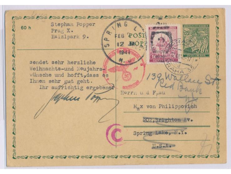 Ganzsache 50 H. mit Zusatzfrankatur 1 K. als  Auslandskarte  nach USA, Stempel Prag 35 12.12.40, roter Zensurstempel der Prüf