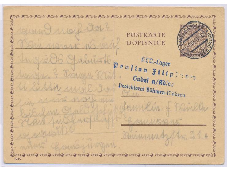 Ganzsache 60 h mit Stempel Gabel a. d. Adler 9.4.41, Absenderstempel  KLV.-Lager / Pension Filipinum / Gabel a. Adler / Prote