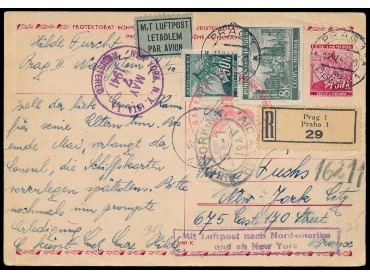 Ganzsache 1,50 K. mit 50 H. und 8 K. als  Luftpost-Einschreiben  nach USA, Stempel Prag 1 11.4.41, vorder- und rückseitig rot