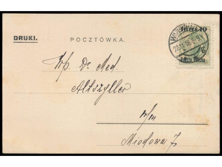 Warschauer Aushilfsausgabe  10 Fen. (auf nicht verausgabter Stadtpostmarke 6 gr., Fischer Nr. 3) auf Drucksachenkarte mit deu