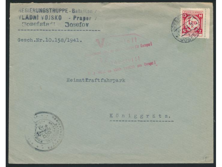 Dienstmarke 1,20 K. auf Brief der Regierungstruppe Bataillon 7 mit Dienststempel , Stempel Josefstadt 17.9.41 nach Königgrätz