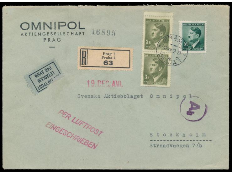 50 H. und 2 x 3 K. Hitler auf  Luftpost-Einschreibbrief  mit Stempel  Prag 1  15.12.42 nach Stockholm, vorderseitig gedruckte