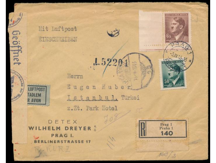 50 H und 6 K Hitler (Eckrand links unten) auf  Luftpost-Einschreibbrief  mit Stempel Prag 1 3.4.43  in die Türkei,  Durchgang