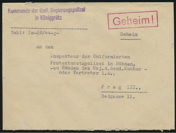 Dienstmarken 1.20 und 3 K. auf Einschreibbrief des Kommando der Unif. Regierungspolizei nach Prag, Stempel Königgrätz 4.5.44,