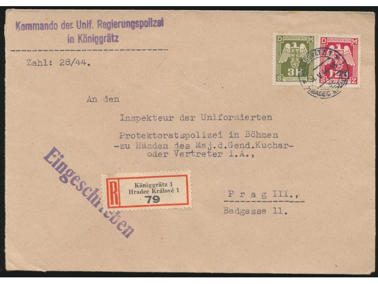 Dienstmarken 1.20 und 3 K. auf Einschreibbrief des Kommando der Unif. Regierungspolizei nach Prag, Stempel Königgrätz 4.5.44,