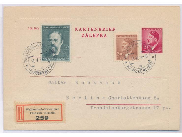 Ganzsachen-Kartenbrief 12 Pf. Hitler mit Zusatzfrankatur 30 H. als  Einschreiben  mit Stempel  Wallachisch-Meseritsch  13.5.4