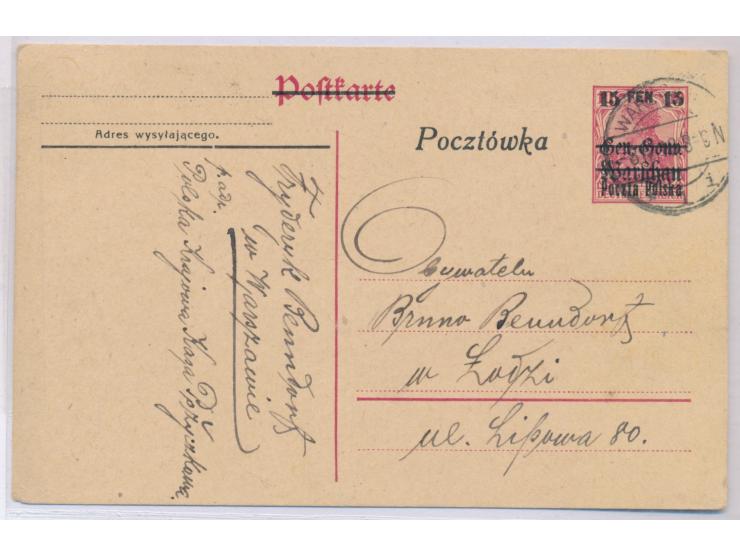 Ganzsache der deutschen Besetzung 10 Pf. mit Überdruck 15 Fen., Fischer Nr. 2 II,  weiterverwendeter deutscher Stempel  Warsc