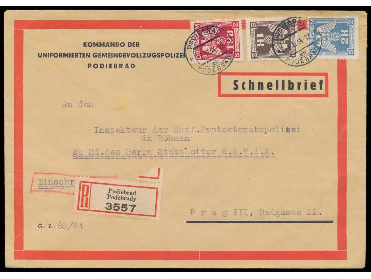 Vordruckbrief  Uniformierte Gemeindevollzugspolizei Podiebrad Schnellbrief,  Stempel Podiebrad 9.6.44, mit Dienstmarken 1, 1,