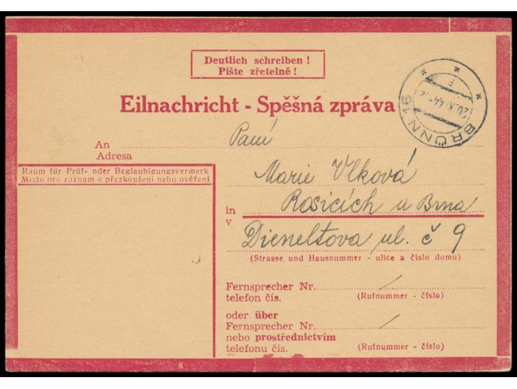 Eilnachricht (Lebenszeichenkarte)  mit zweisprachigem Vordruck, Stempel  Brünn  20.11.44, nach dem verheerenden Bombenangriff