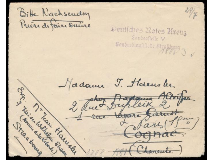 Juli 1940: Brief aus dem besetztem Strasbourg nach Cognac, vor Aufnahme des Postverkehrs mit Frankreich, befördert durch Verm