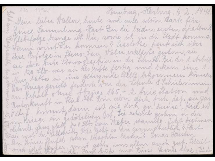 Ganzsache  6 Pf. Tag der Briefmarke  mit Stempel  Hamburg-Harburg 1  7.2.41 nach Amberg, langer Bedarfstext, MiPr. -.-
Stichw