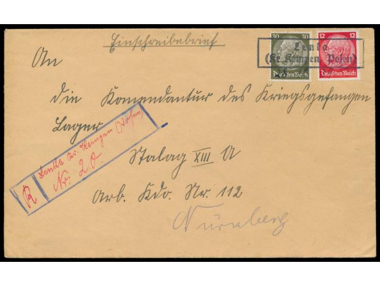 12 Pf. und 30 Pf. Hindenburg auf Einschreibbrief mit Not-R2  Lemka / (Kr. Kempen, Posen)  und handschriftlichem Datum 28.12.3