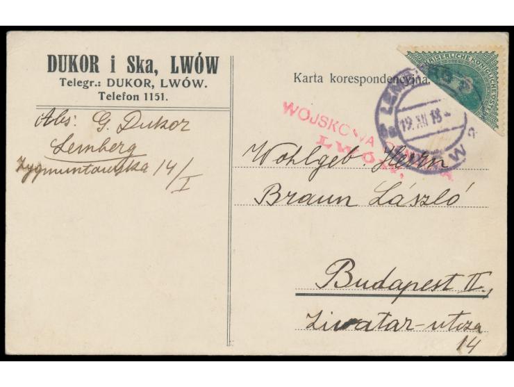 Österreich  20 H. Kaiser Karl  diagonal halbiert  auf Postkarte mit Stempel  Lemberg 2 / Lwow 2  19.12.18 nach Budapest, rote
