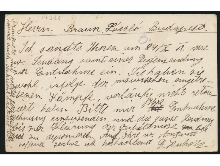 Österreich  20 H. Kaiser Karl  diagonal halbiert  auf Postkarte mit Stempel  Lemberg 2 / Lwow 2  19.12.18 nach Budapest, rote