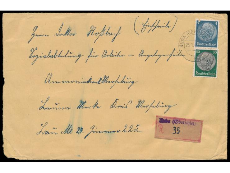 4 Pf. (beschädigt) und 50 Pf. Hindenburg auf Einschreibbrief 2. Gewicht, Stempel  Ruda (Oberschles)  23.1.41,  provisorischer