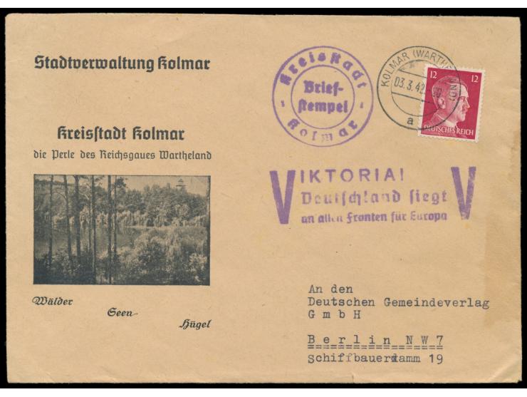 Vordruckumschlag der Stadtverwaltung Kolmar mit 12 Pf. Hitler, Stempel  Kolmar (Wartheland)  3.3.42, Briefstempel "Kreisstadt