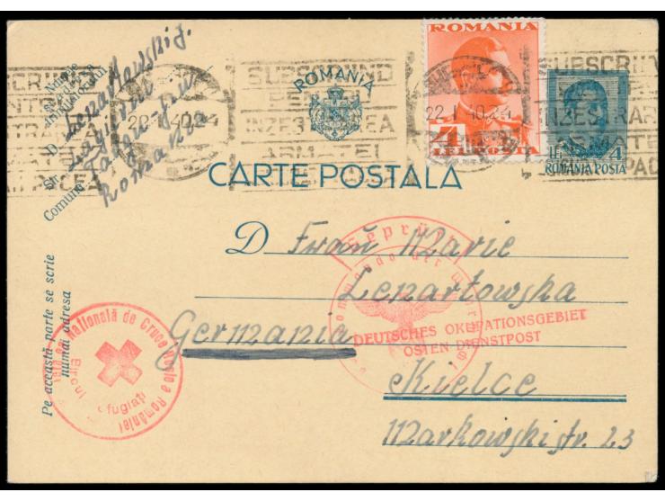 Rumänien-Ganzsache 4 L. mit Zusatzfrankatur 4 L. aus  Targu-Jiu  nach Kielce, Maschinenstempel Bukarest 22.1.40, Dienstsiegel