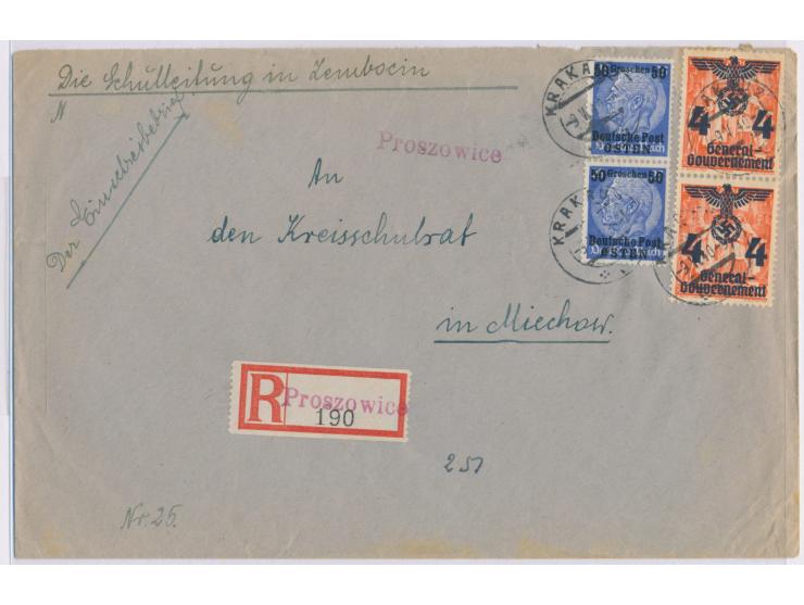 Aufdruckausgabe 2 x 50 Gr. und 2 x 4 Gr auf   Einschreibbrief  2. Gewicht mit rotem Aufgabe-L1  Proszowice,  gleicher Stempel