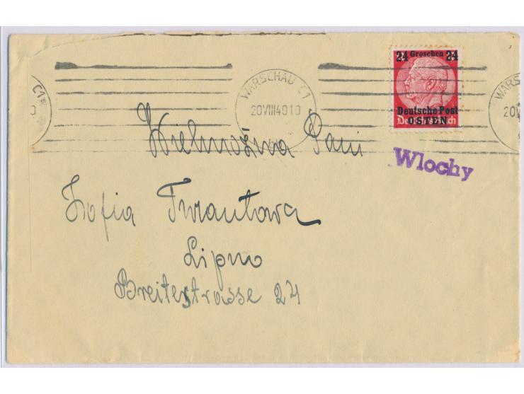 24 Gr. auf Brief mit violettem L1  Wlochy  und Band-Maschinenstempel  Warschau C 1  20.8.40 nach Lipno, Bedarf
