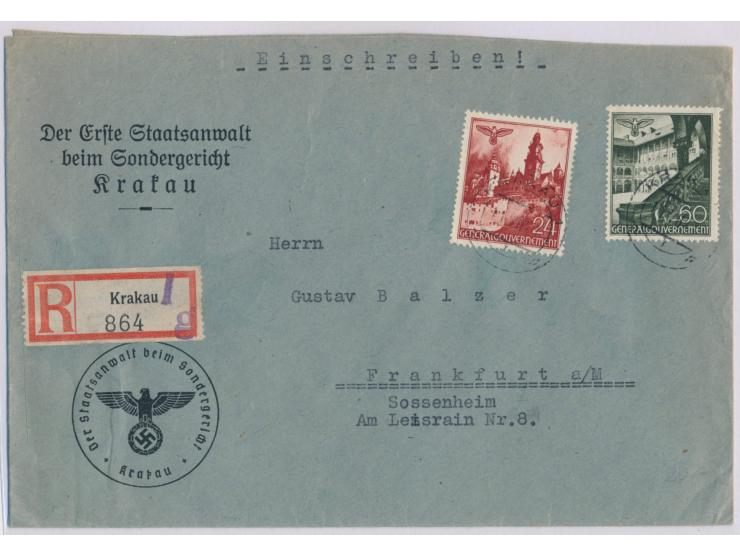 24 Gr und 60 Gr auf  Einschreibbrief  mit Stempel  Krakau 1  11.7.41 nach Frankfurt, Absender- und Dienstsiegel-Eindruck  "De