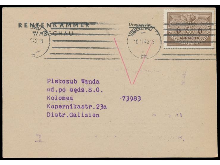 Dienstmarke 6 Gr auf Drucksachenkarte der Rentenkammer Warschau nach Kolomea, Maschinenstempel Warschau C 1 10.2.42, roter  V