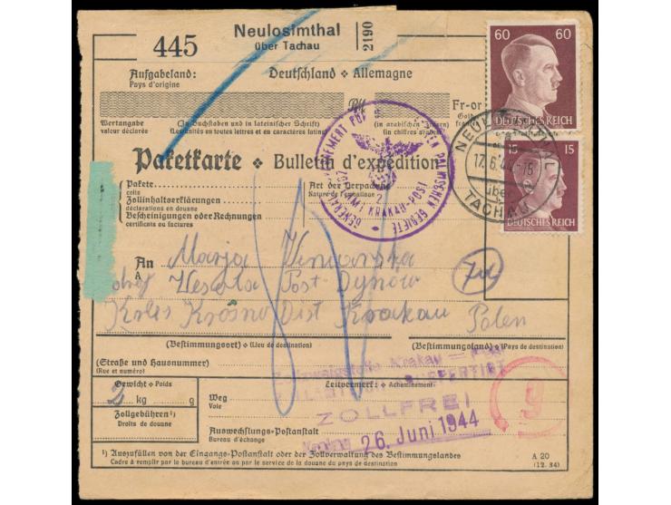 Auslandspaketkarte mit 15 Pf. und 60 Pf. Hitler mit Stempel  Neulosimthal über Tachau  17.6.44 ins Generalgouvernement, Stemp