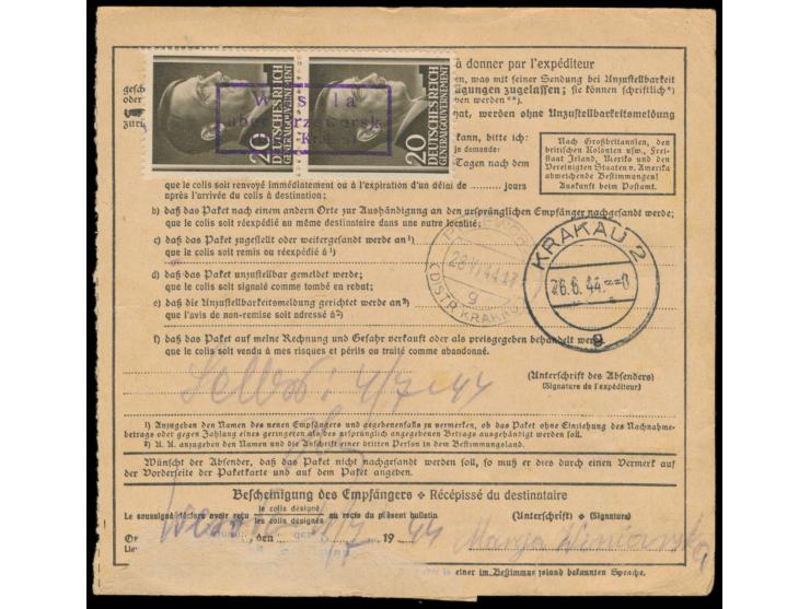 Auslandspaketkarte mit 15 Pf. und 60 Pf. Hitler mit Stempel  Neulosimthal über Tachau  17.6.44 ins Generalgouvernement, Stemp