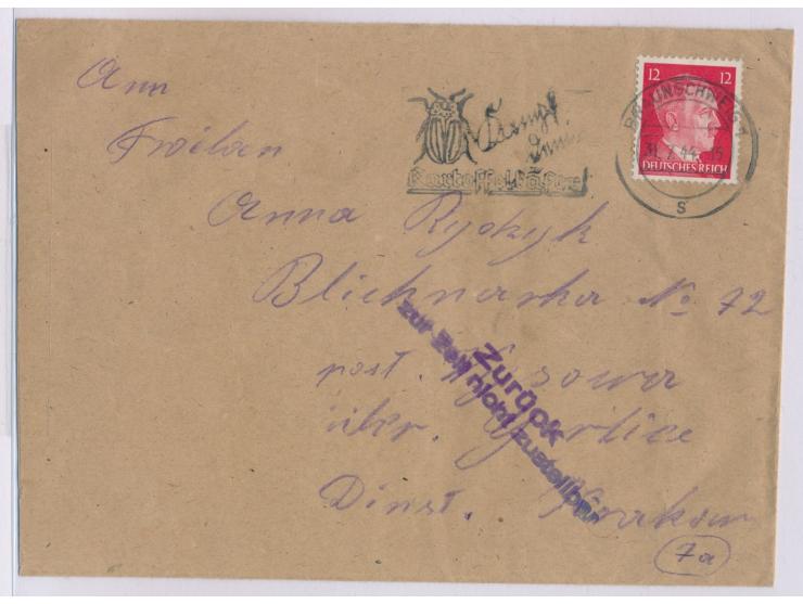 Brief mit 12 Pf. von  Braunschweig  31.7.44  nach Wysowa über Gorlice  (Distrikt Galizien), wegen des sowjetischen Vormarsche