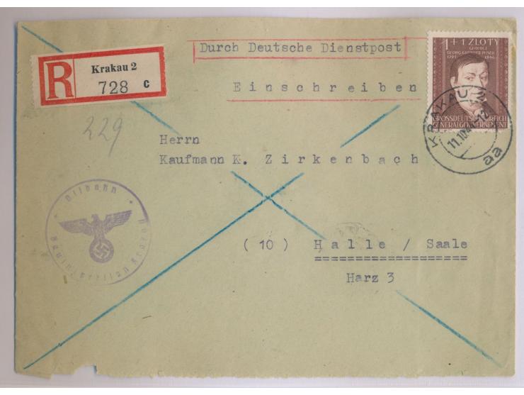 Einzelfrankatur  1 Zl. "Gottlieb Pusch"  auf überfrankiertem Einschreibbrief mit Stempel  Krakau 2  11.10.44 nach Halle, Brie